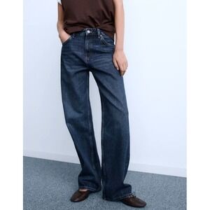 Mango Womens Miami Medium-Rise Wide Straight Fit Jeans Dark Blue Size 10 Raw Hem